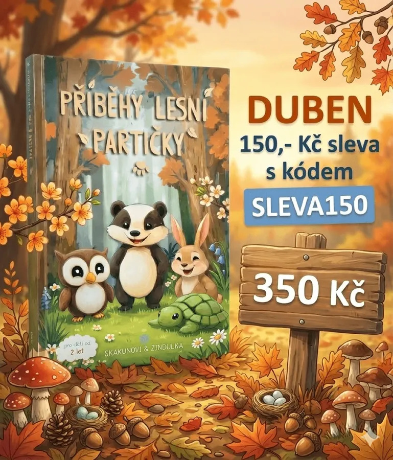 Propagační grafika dětské knihy Příběhy lesní partičky – dubnová sleva