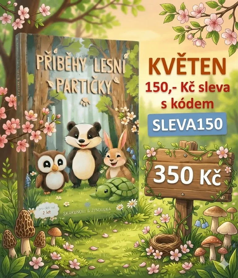 Propagační grafika dětské knihy Příběhy lesní partičky – květnová sleva
