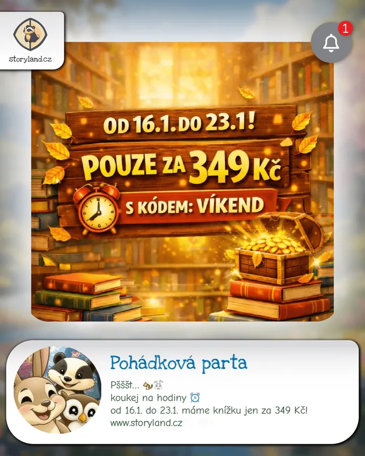 Facebook příspěvek s akční nabídkou knihy Pohádková parta za 349 Kč