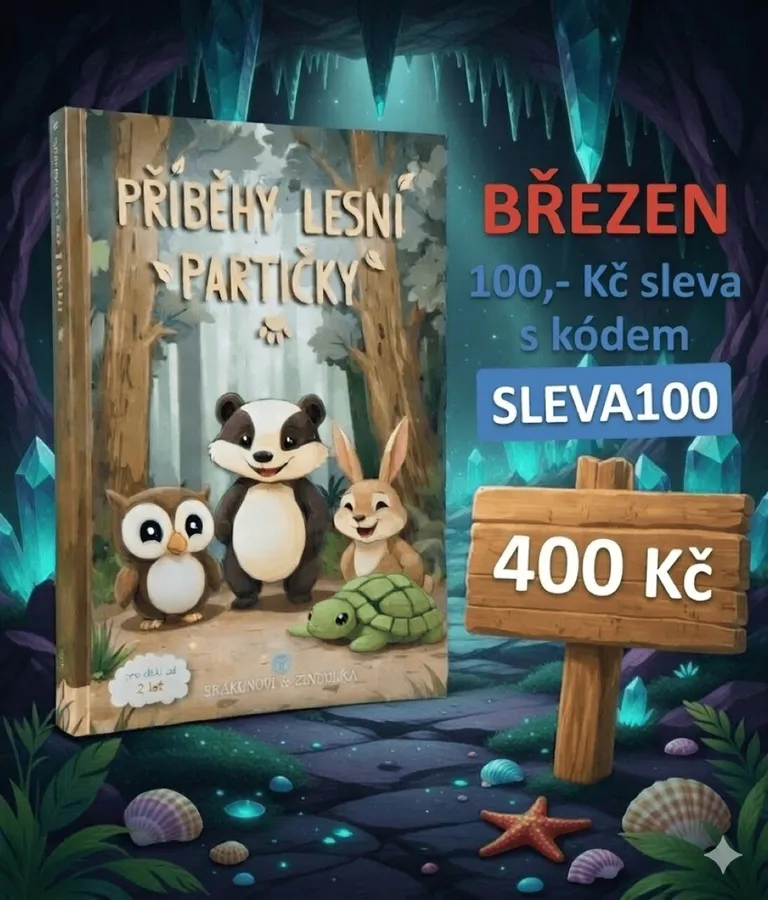 Propagační grafika dětské knihy Příběhy lesní partičky – březnová sleva