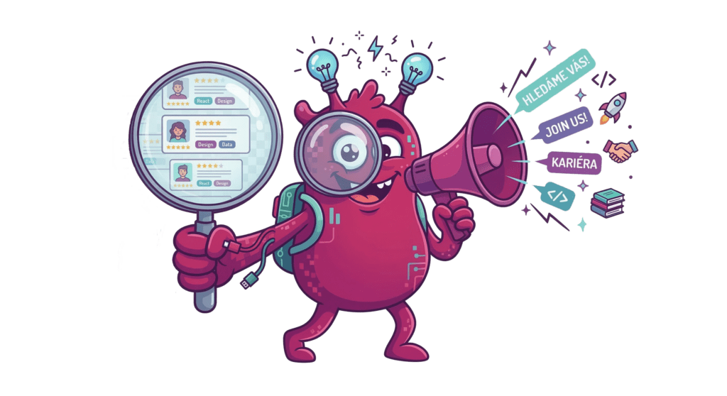 Maskot studia Disgrafik s megafonem a lupou — hledáme nové parťáky